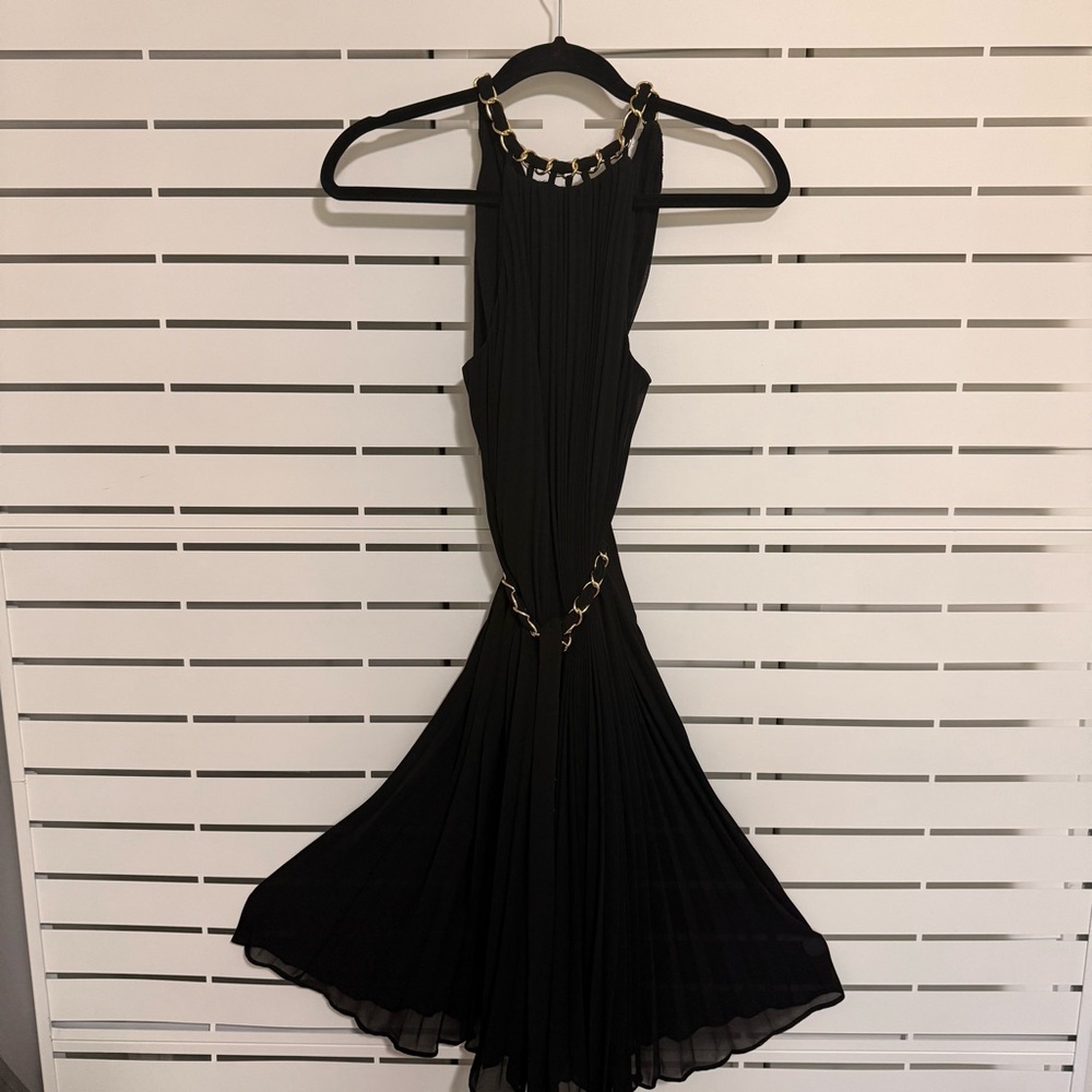 White House Black Market Black Pleated Halter Midi Dress with Gold Chain Detail